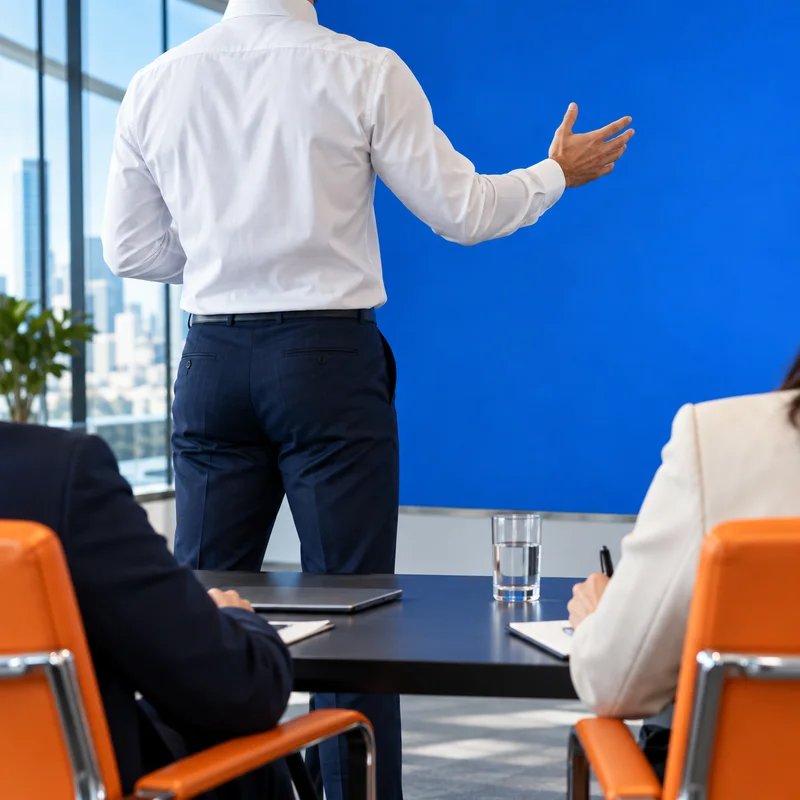 会議室でプレゼンテーションをする社会人の後ろ姿