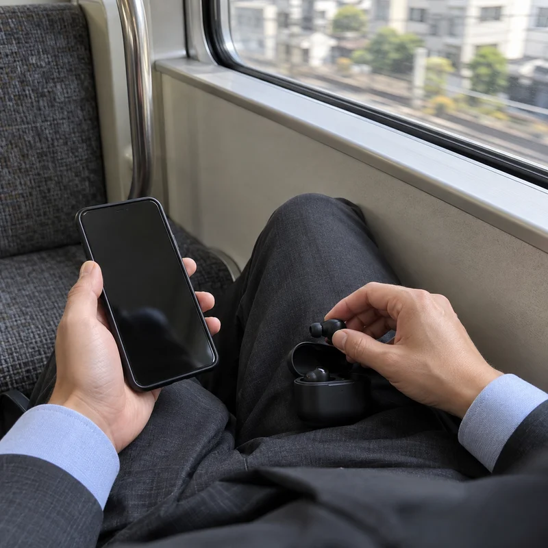 昼の電車内で英語学習用のイヤホンを用意する手元